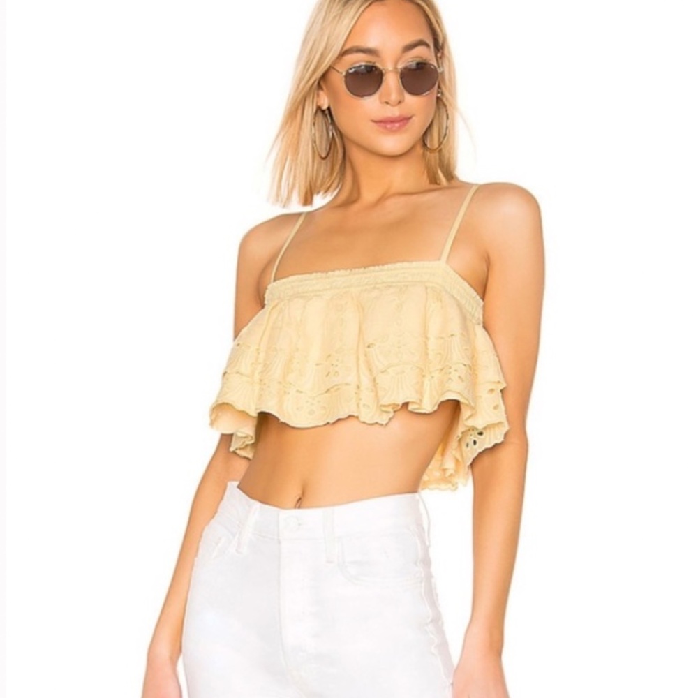 Tularosa Pale Yellow Eyelet Ruffle Crop Top